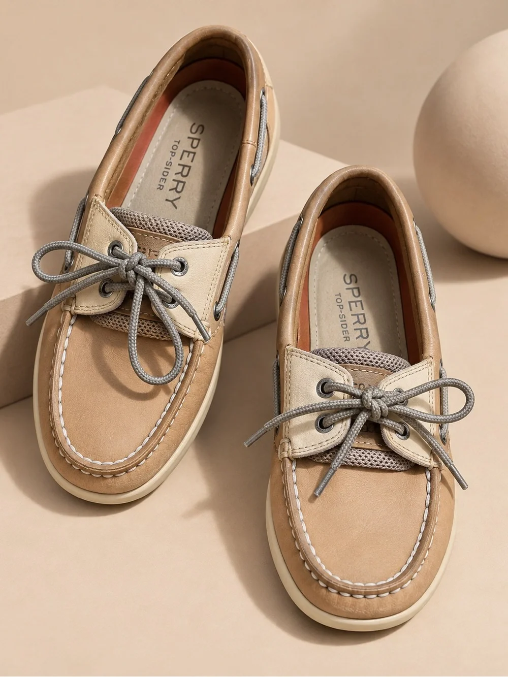 Sperry Top-Sider Men’s 7.5 Tan Leather Boat Shoes Brown Gray Lace Up